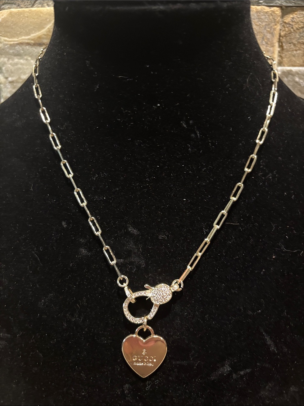 GG Heart Pendant Paperclip Chain Necklace with pave front closure